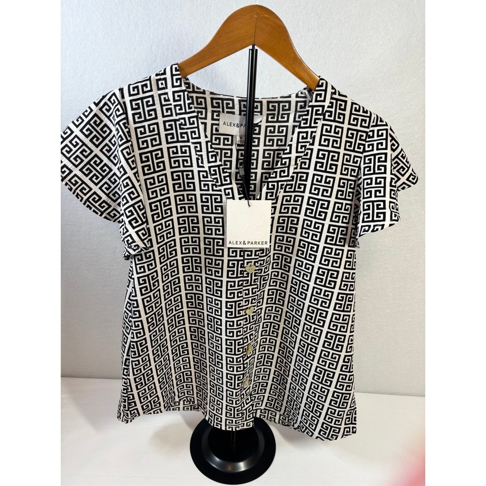 Alex & Parker Ivory Black Greek Key Heart Button Flutter Sleeve Blouse AP905 M